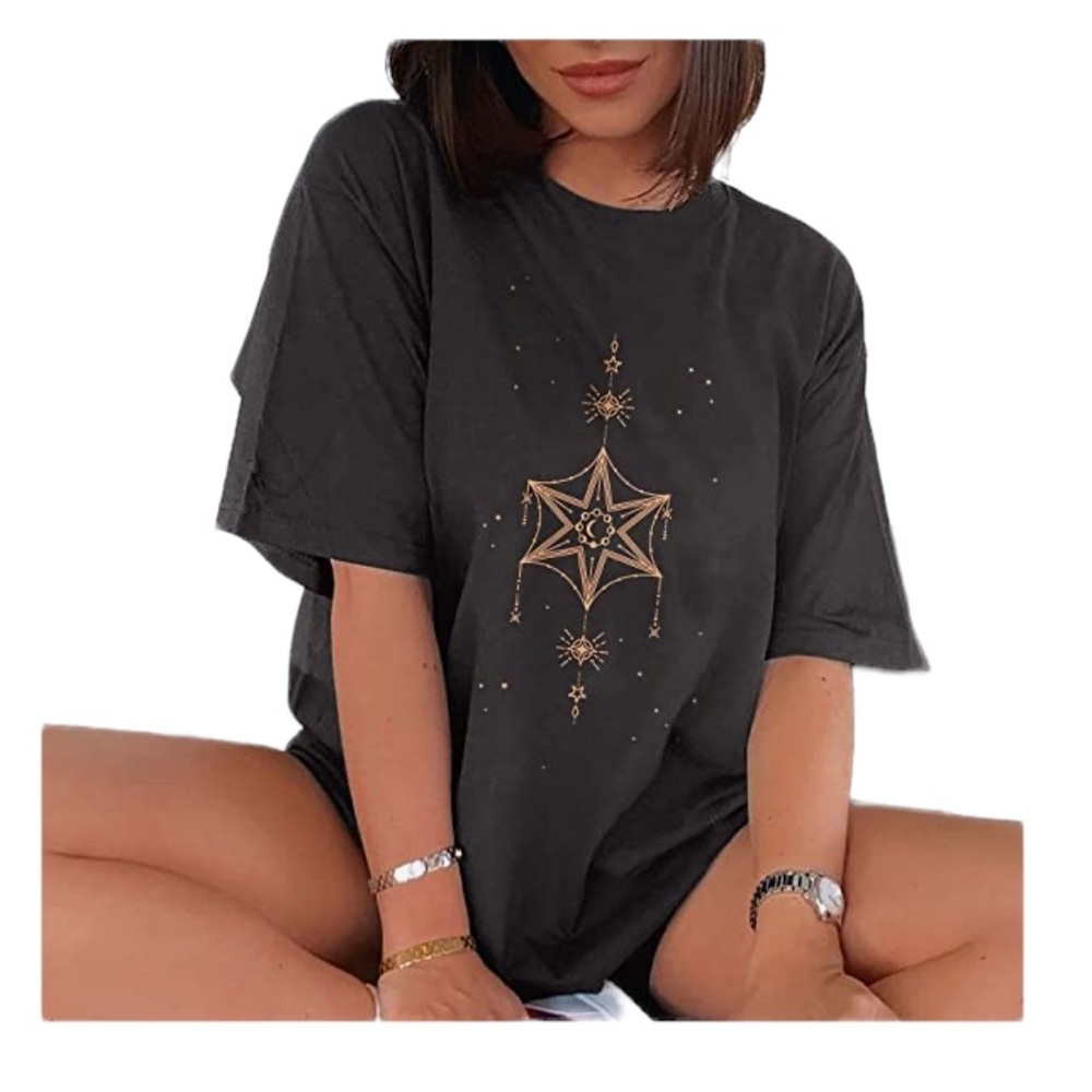 Celestial Skeleton Moon Stars Graphic Tee Black Dark Gray Grunge T-Shirt XL